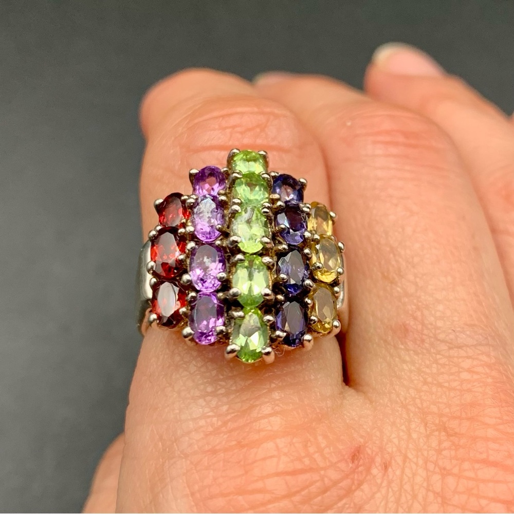Vtg Large Statement Multi Gemstone Ring Size 8 92… - image 4